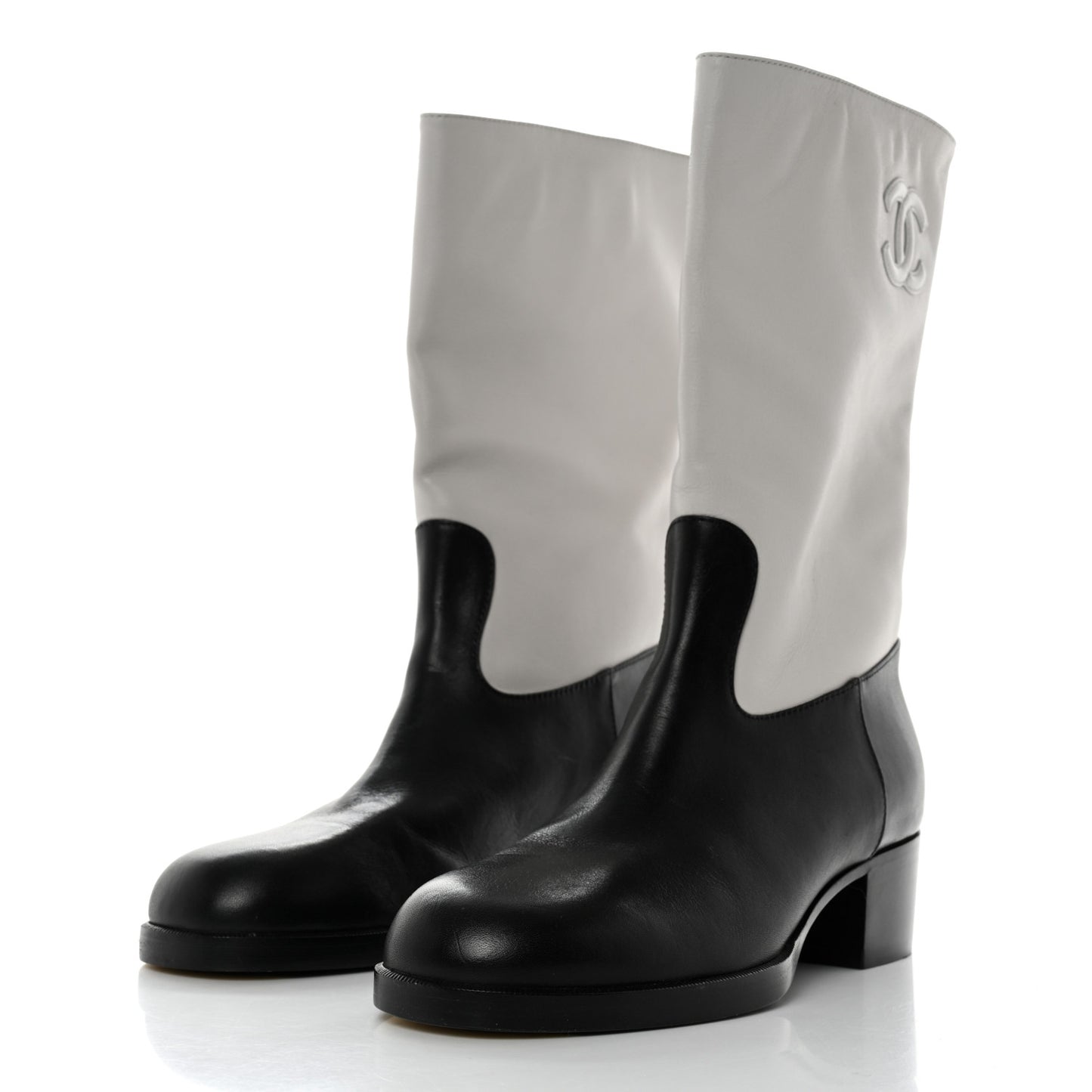 Calfskin CC Logo Mid Calf Boots 36.5 Grey Black