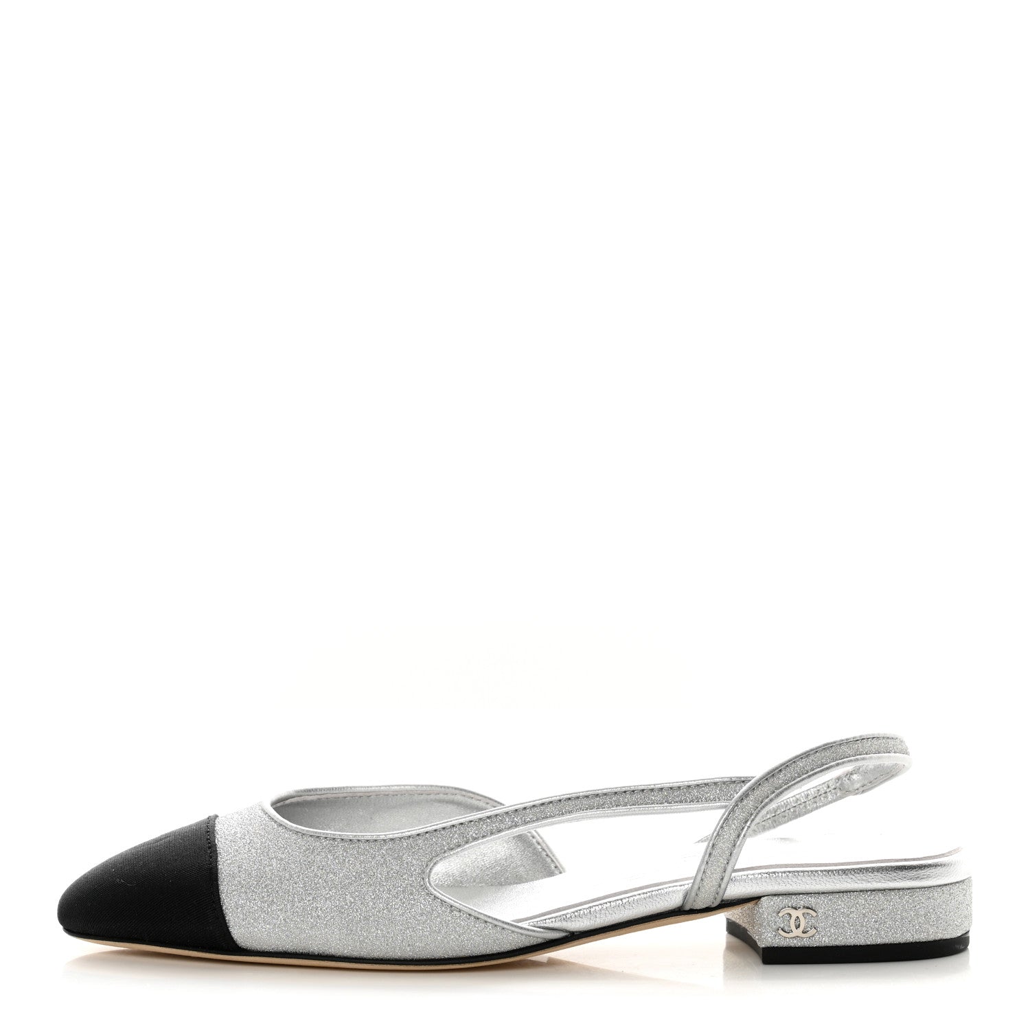 Chanel Glitter Calfskin Grosgrain CC Slingback Flats 37 Black Silver 1 of 9