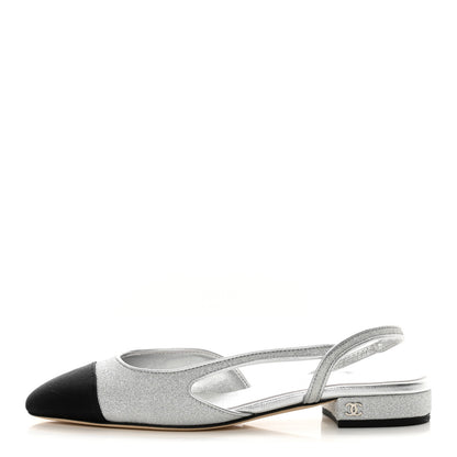 Chanel Glitter Calfskin Grosgrain CC Slingback Flats 37 Black Silver 1 of 9