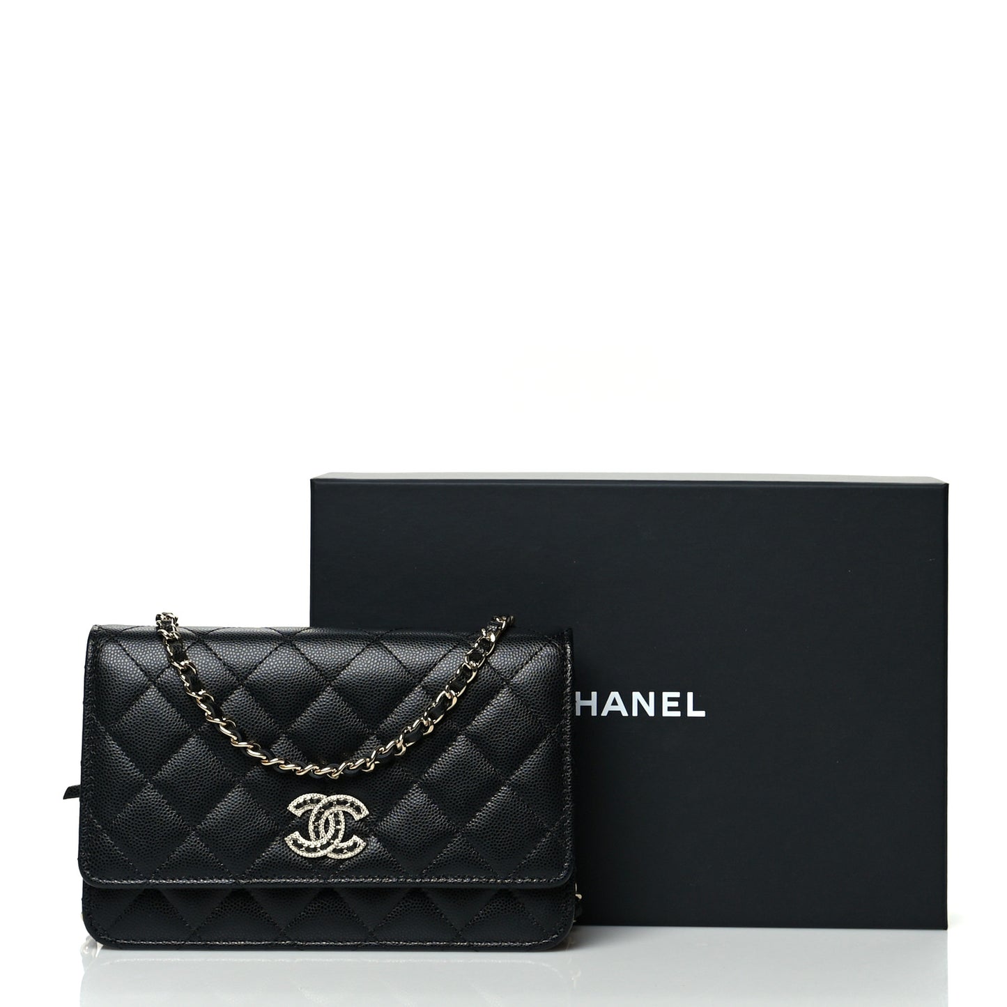 Caviar Quilted Crystal CC Wallet On Chain WOC Black