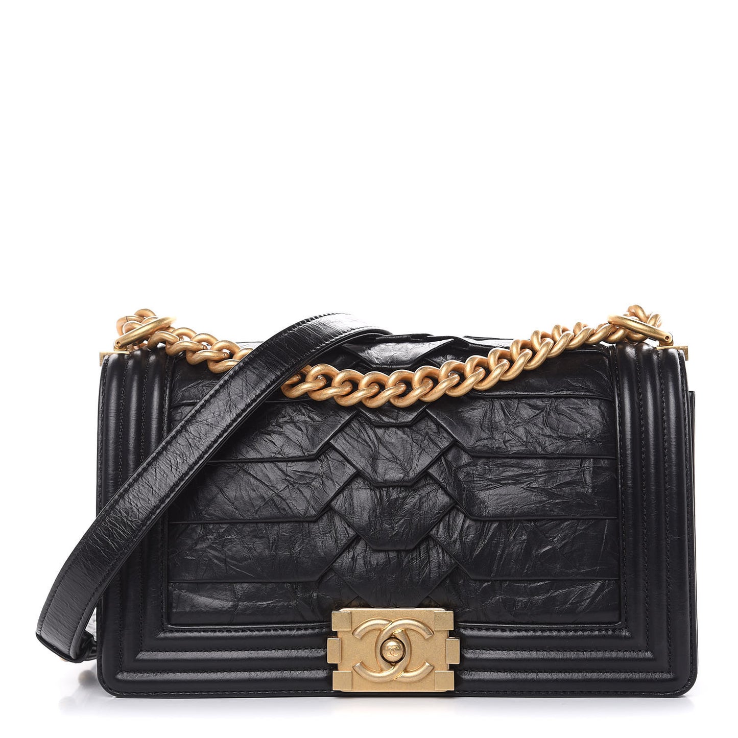 Crumpled Calfskin Medium Boy Flap Black