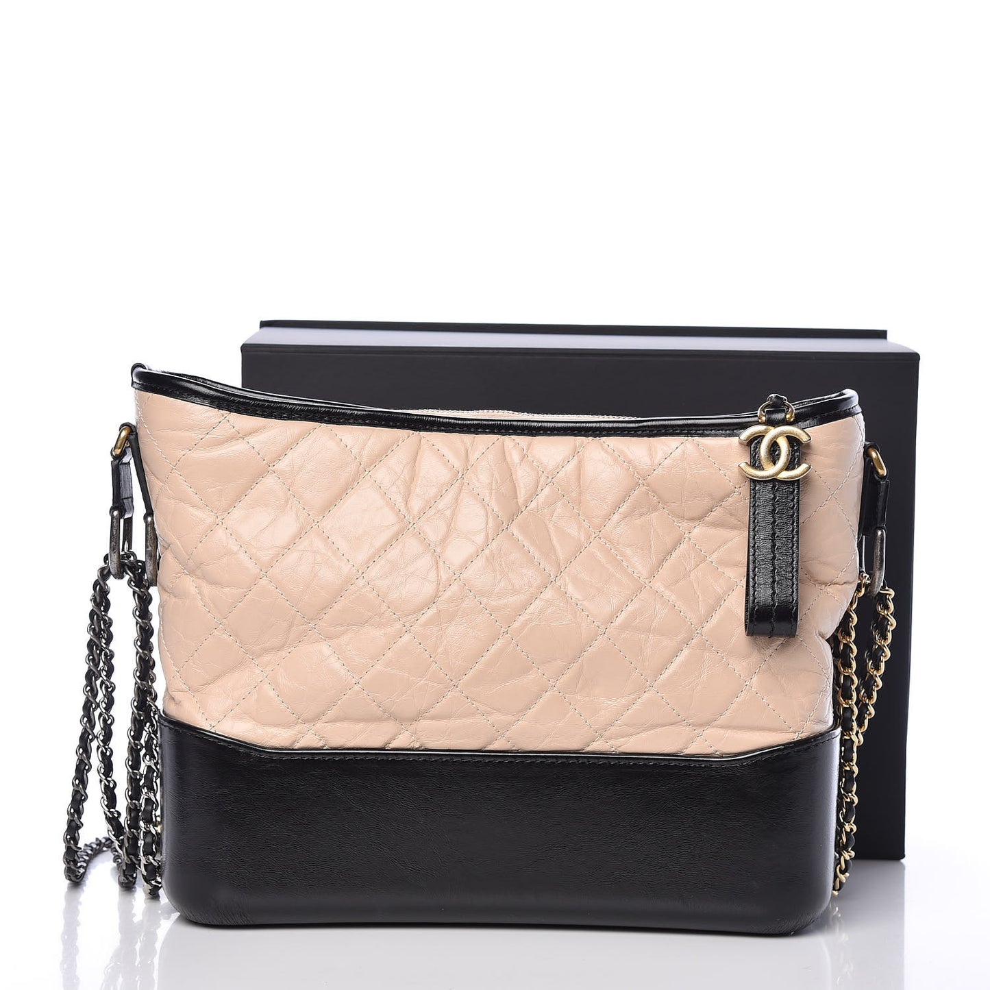 Aged Calfskin Quilted Medium Gabrielle Hobo Beige Black