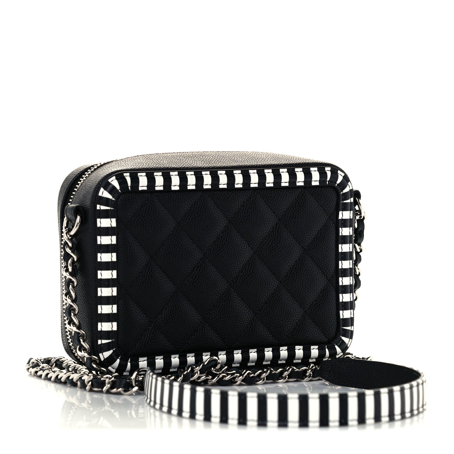 Caviar Quilted Striped Filigree Vanity Clutch With Chain Black White