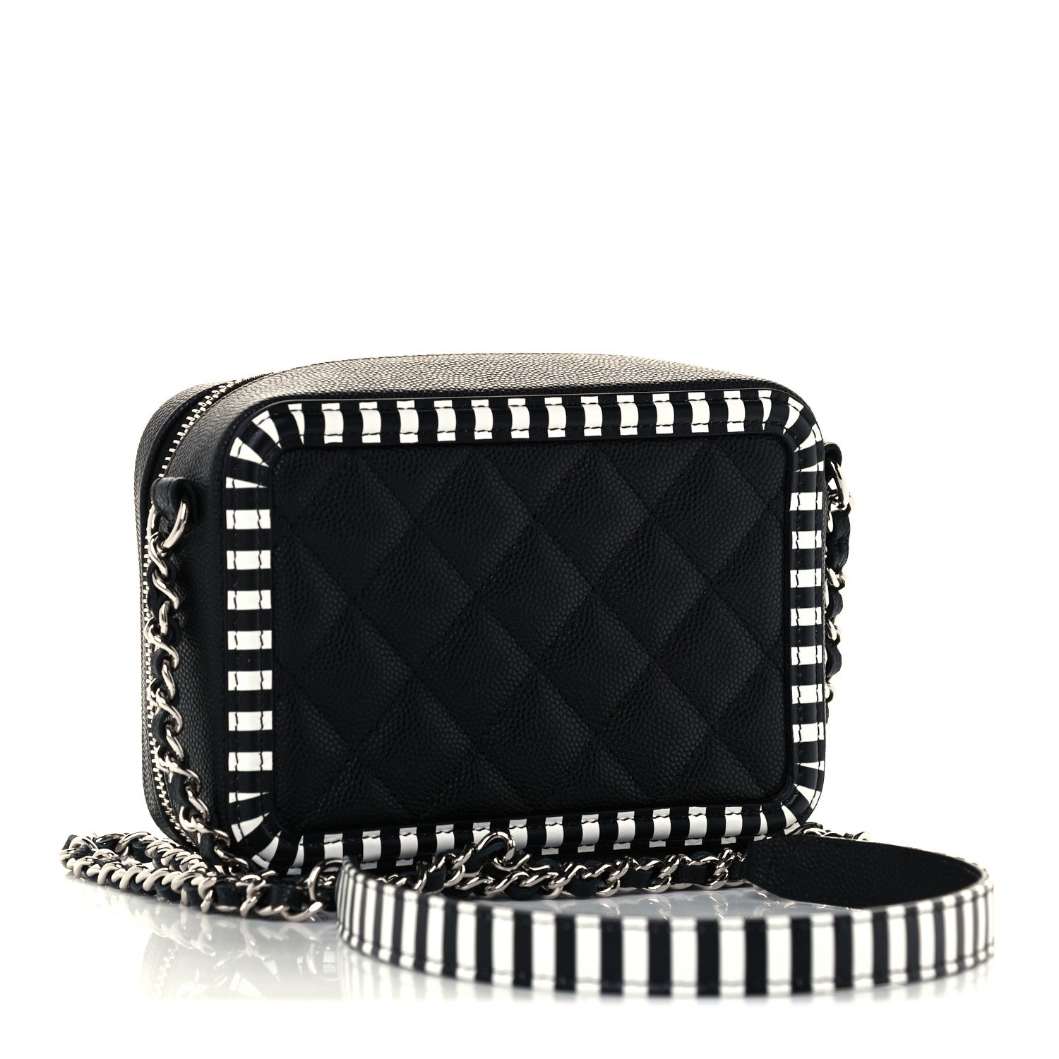 Chanel Caviar Quilted Striped Filigree Vanity Clutch With Chain Black White 3 of 10