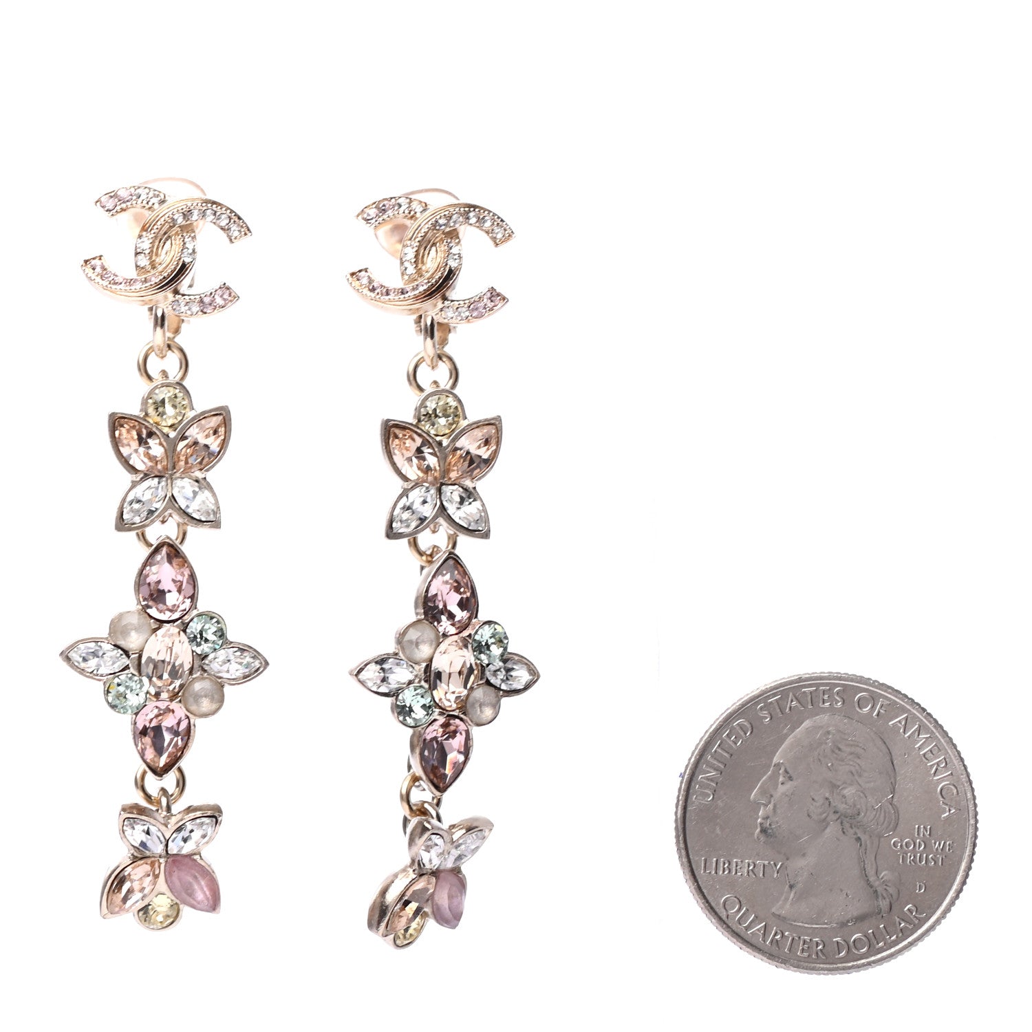 Chanel Crystal CC Clip On Drop Earrings Gold 2 of 4