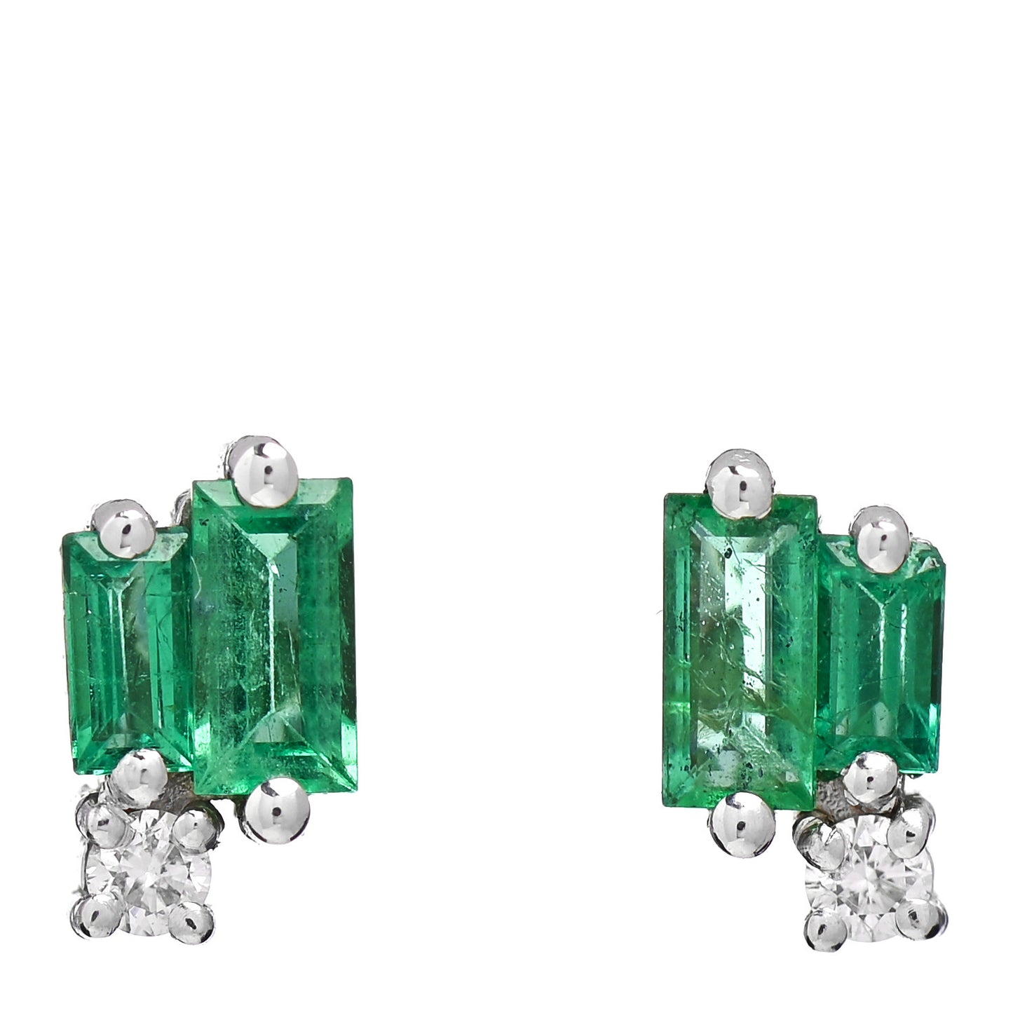 18K White Gold Diamond Emerald Layered Stud Earrings