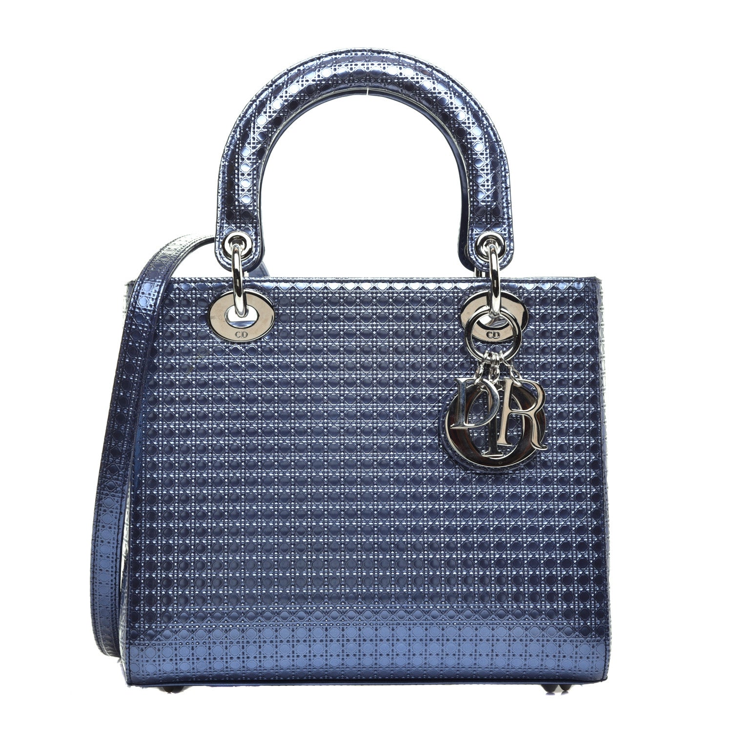Christian Dior Metallic Patent Micro-Cannage Medium Lady Dior Blue 1 of 9