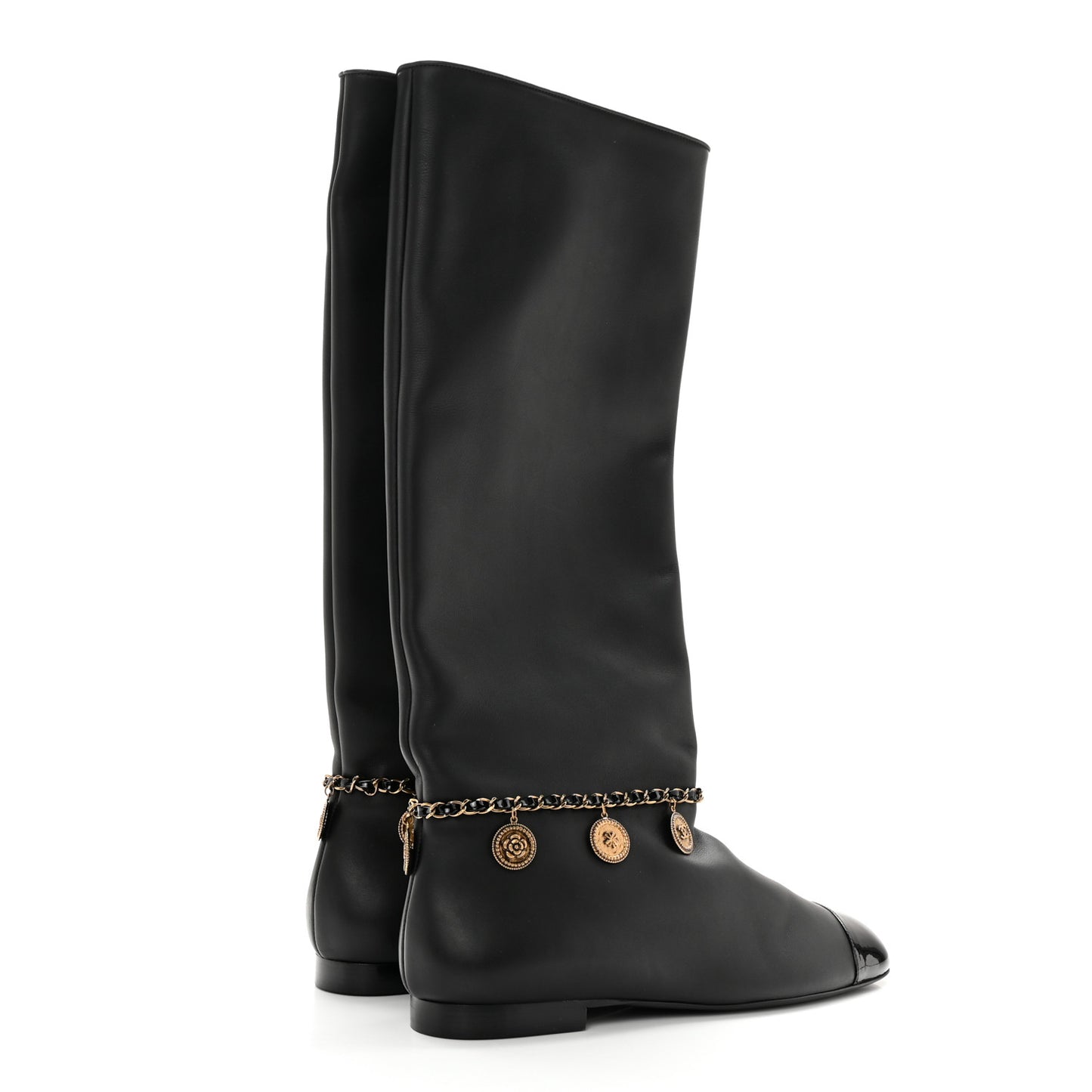 Lambskin Patent Cap Toe Medallion Chain Knee High Boots 39.5 Black