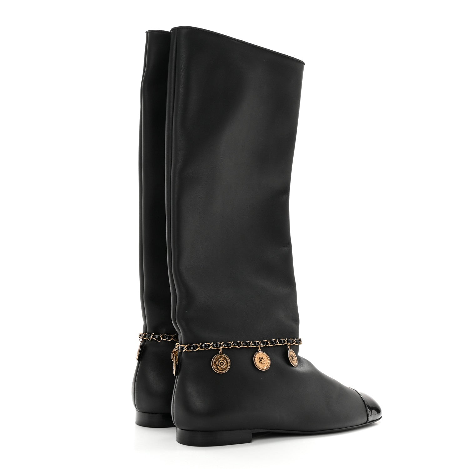 Chanel Lambskin Patent Cap Toe Medallion Chain Knee High Boots 39.5 Black 4 of 9