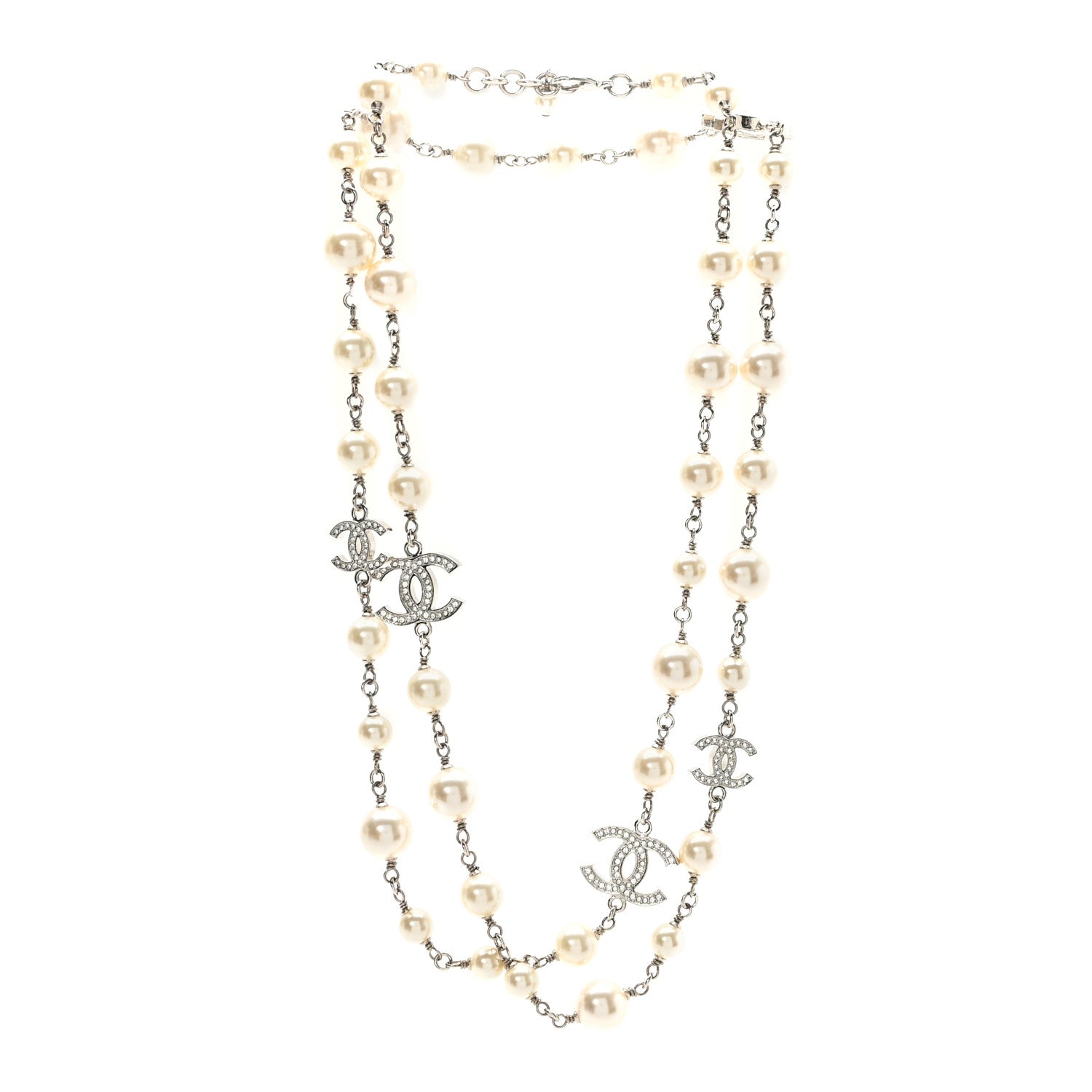 Chanel Crystal Pearl CC Long Necklace Silver 3 of 5