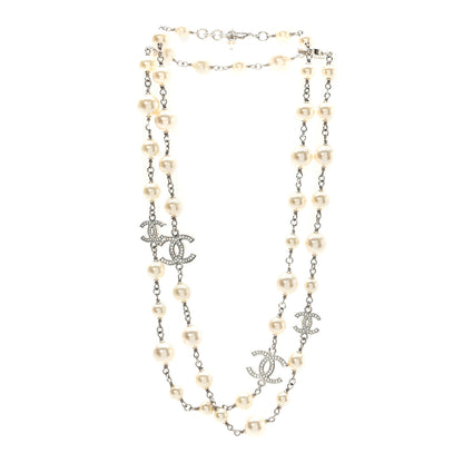 Chanel Crystal Pearl CC Long Necklace Silver 3 of 5