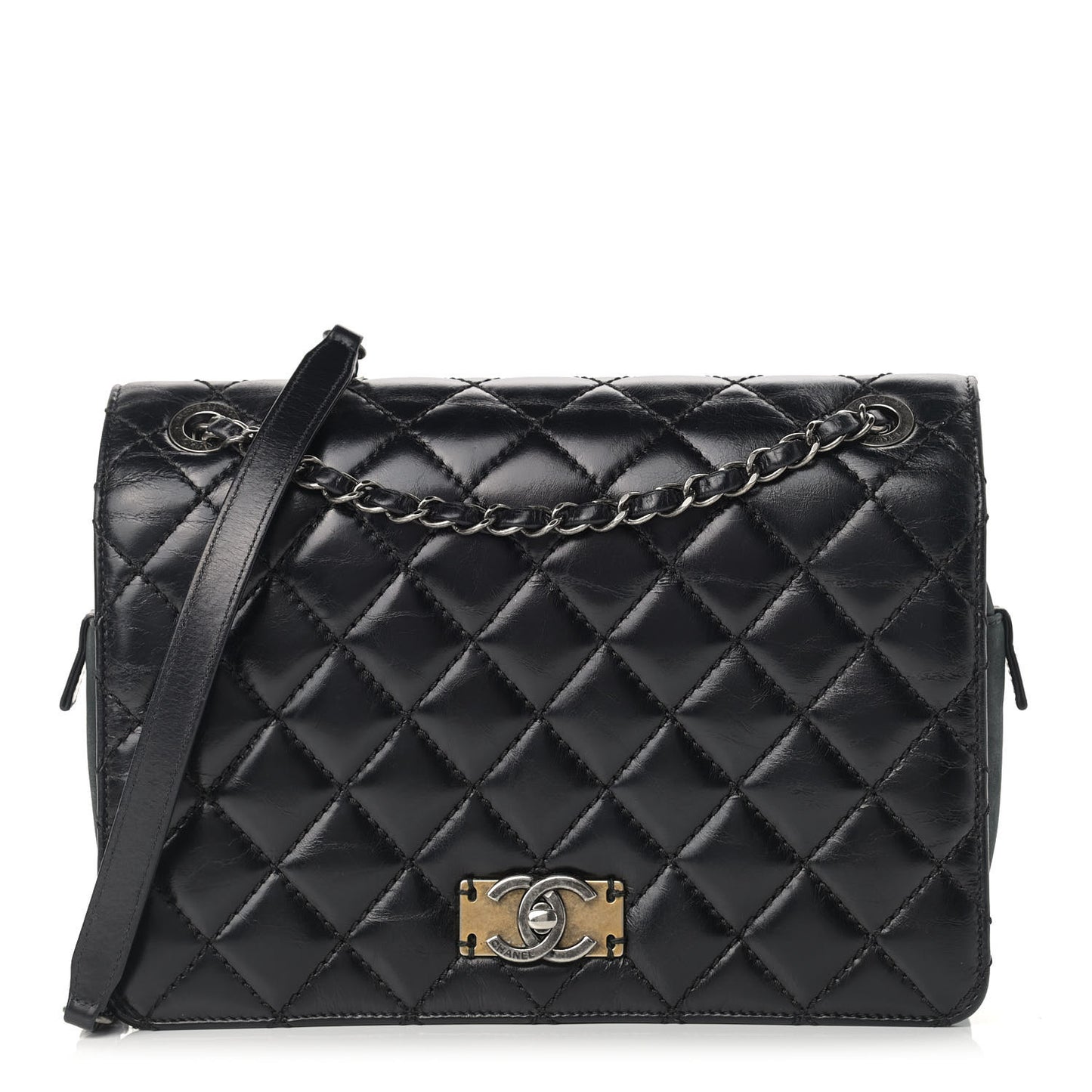 Glazed Calfskin Quilted Medium Day Trip Flap Black