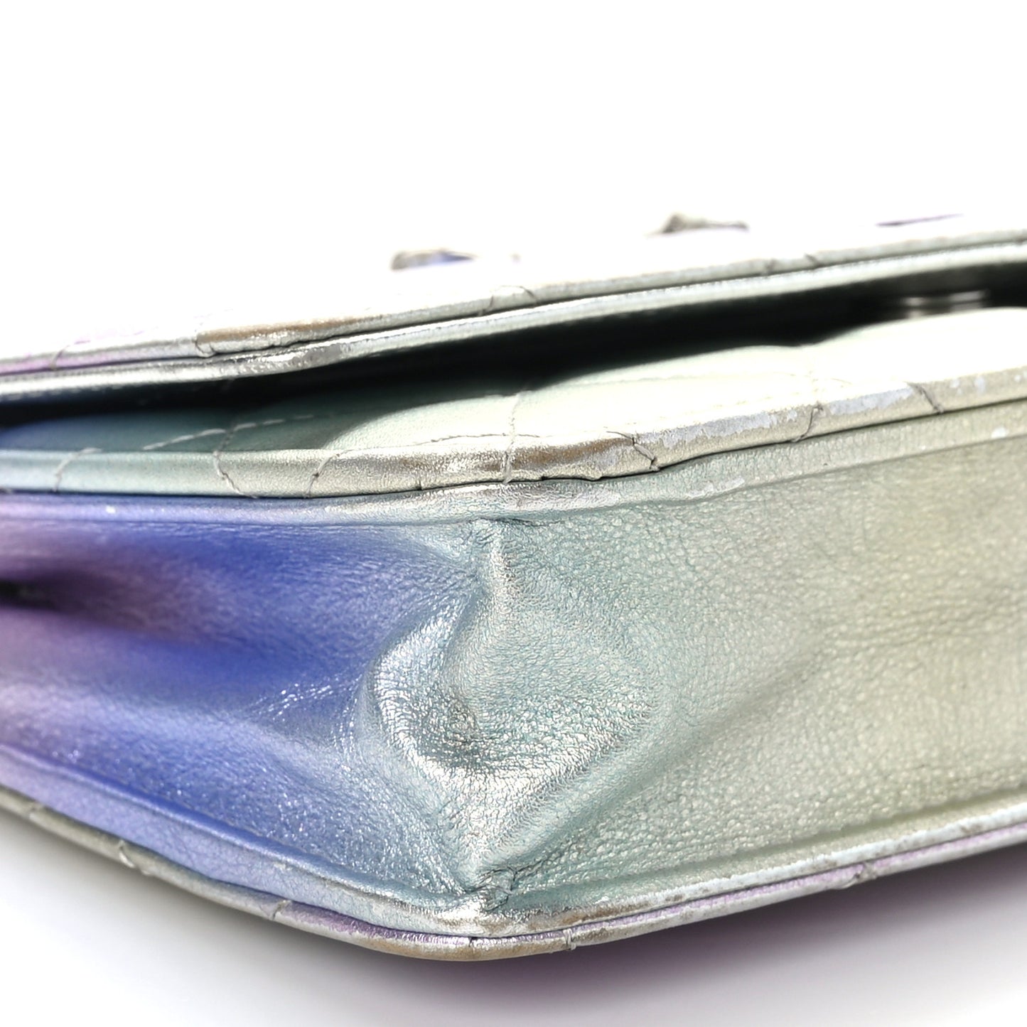 Gradient Metallic Calfskin Quilted Wallet On Chain WOC Silver Blue Yellow Purple