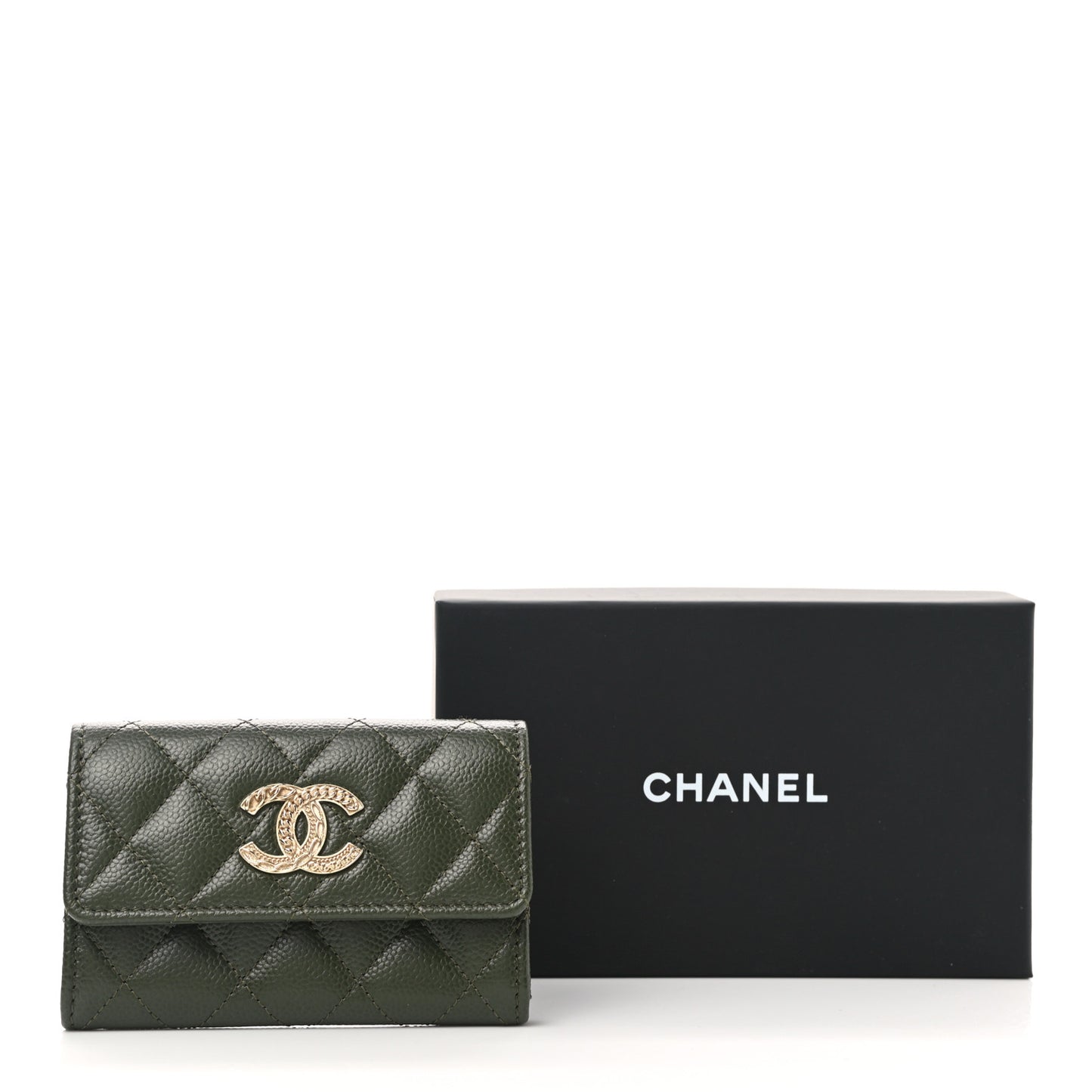 Caviar Quilted Chain CC Flap Card Holder Khaki