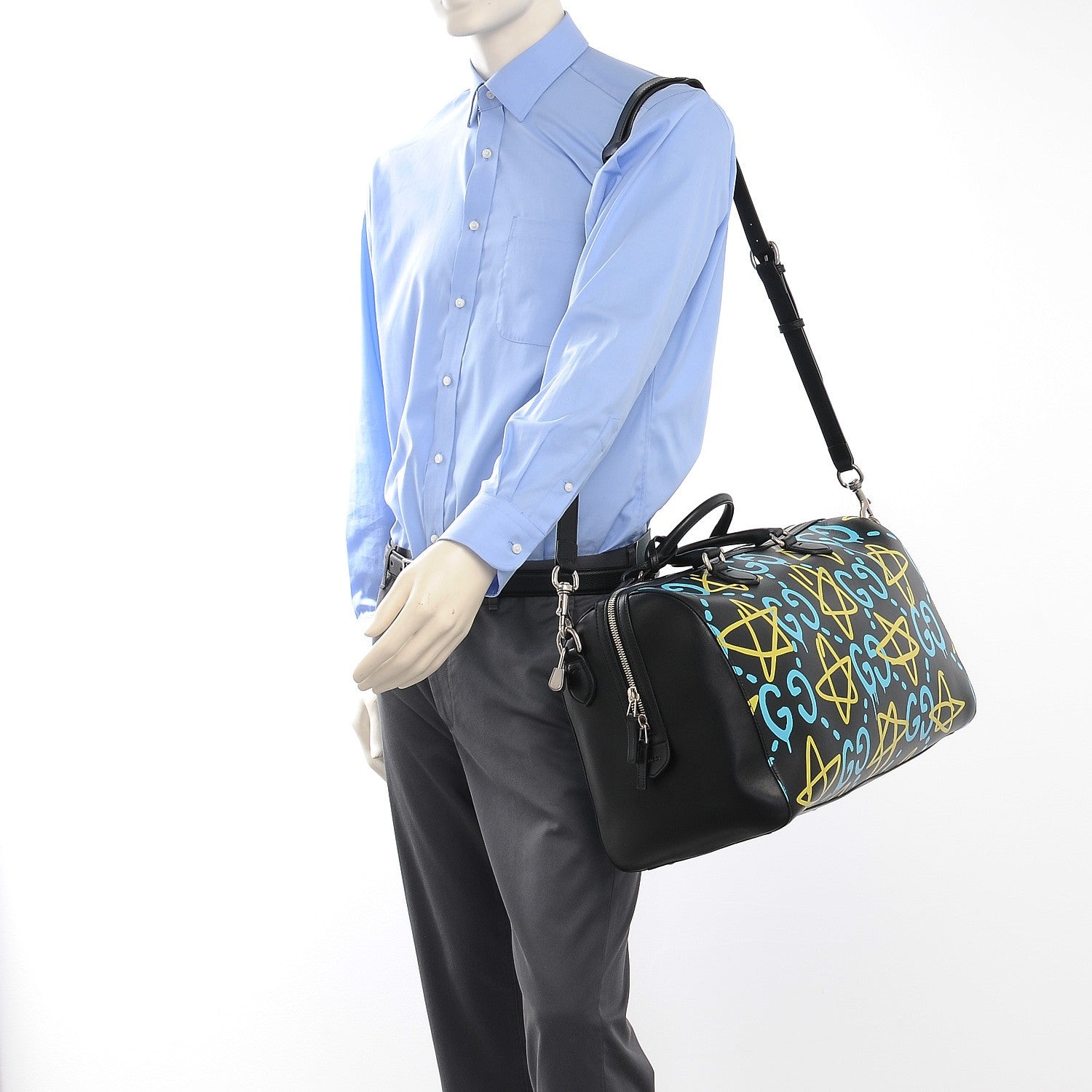 Gucci Calfskin GucciGhost Print Duffle Black New Acquamarine 2 of 11