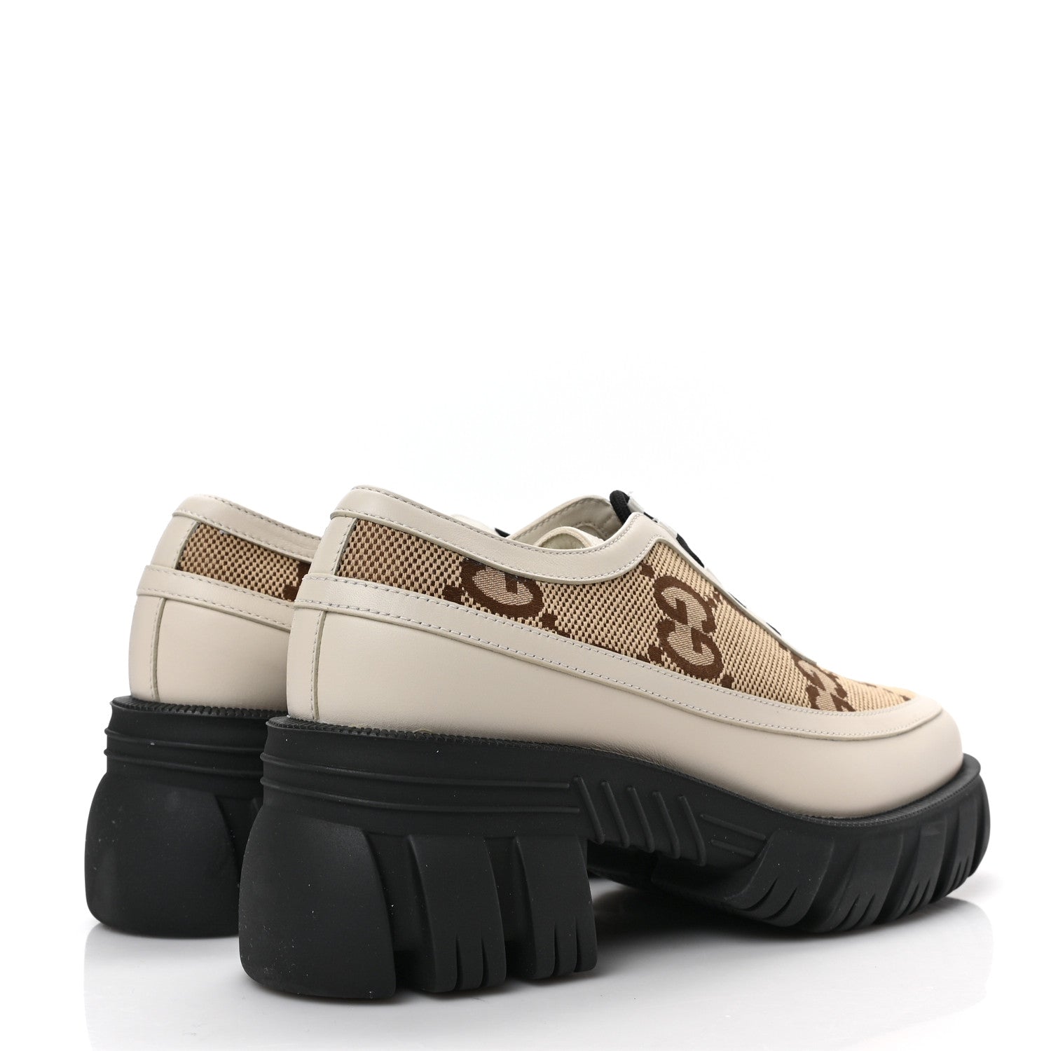 Gucci Quebec Calfskin Monogram Jumbo GG Lace Up Platform Loafers 39.5 Mystic White Camel Ebony 4 of 7