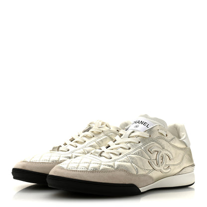 Chanel Laminated Calfskin Suede Quilted Womens CC Sneakers 39 Silver White Gray 4 of 10