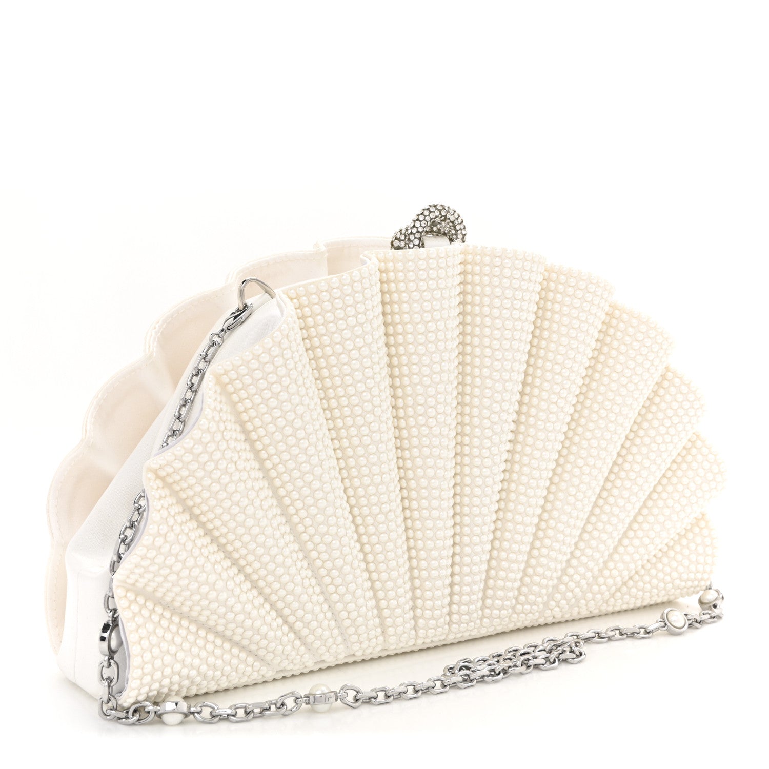 Judith Leiber Satin Pearl Embellished Origami Fan Clutch White 3 of 9