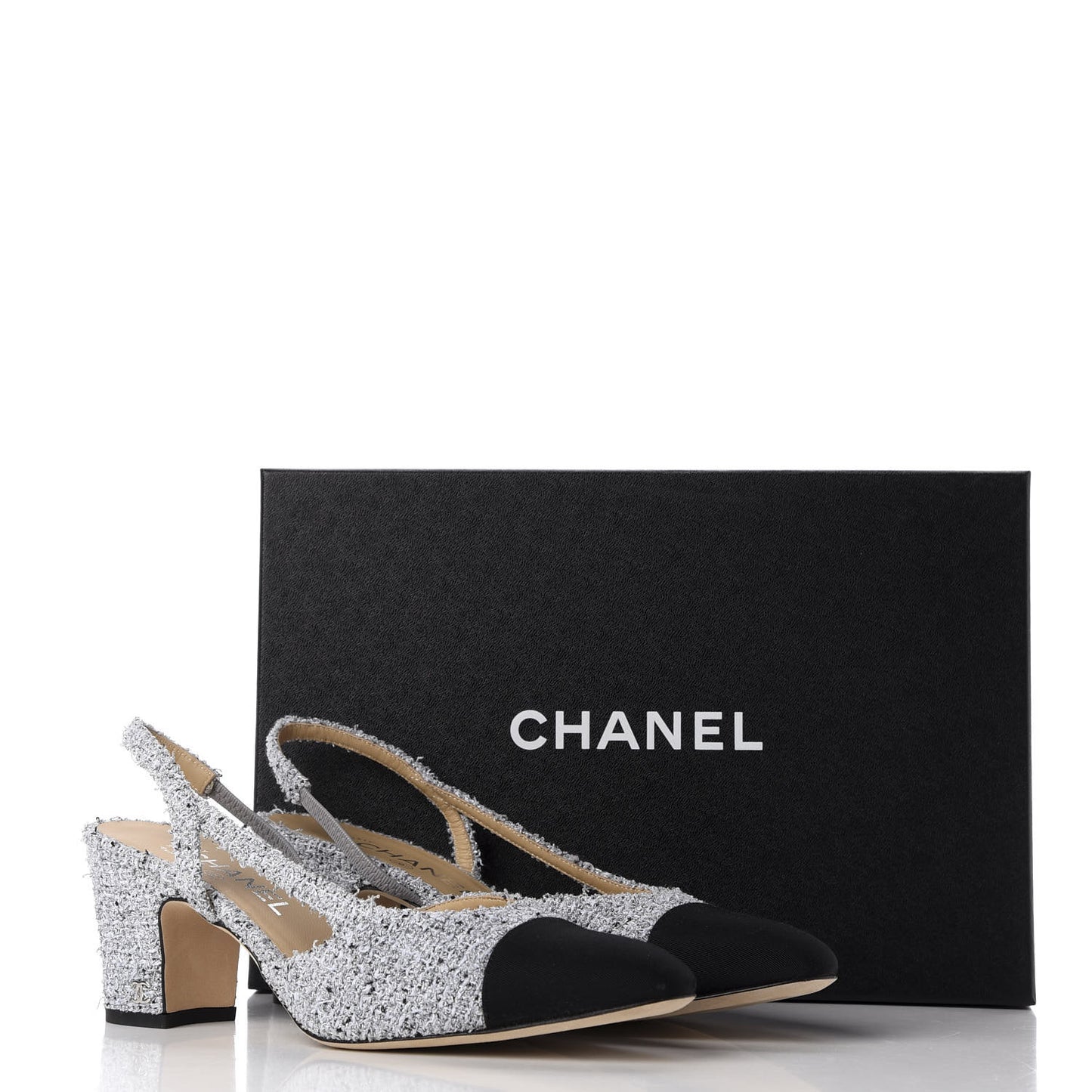 Tweed Grosgrain Cap Toe CC Slingback Pumps 38.5 Grey Silver Black