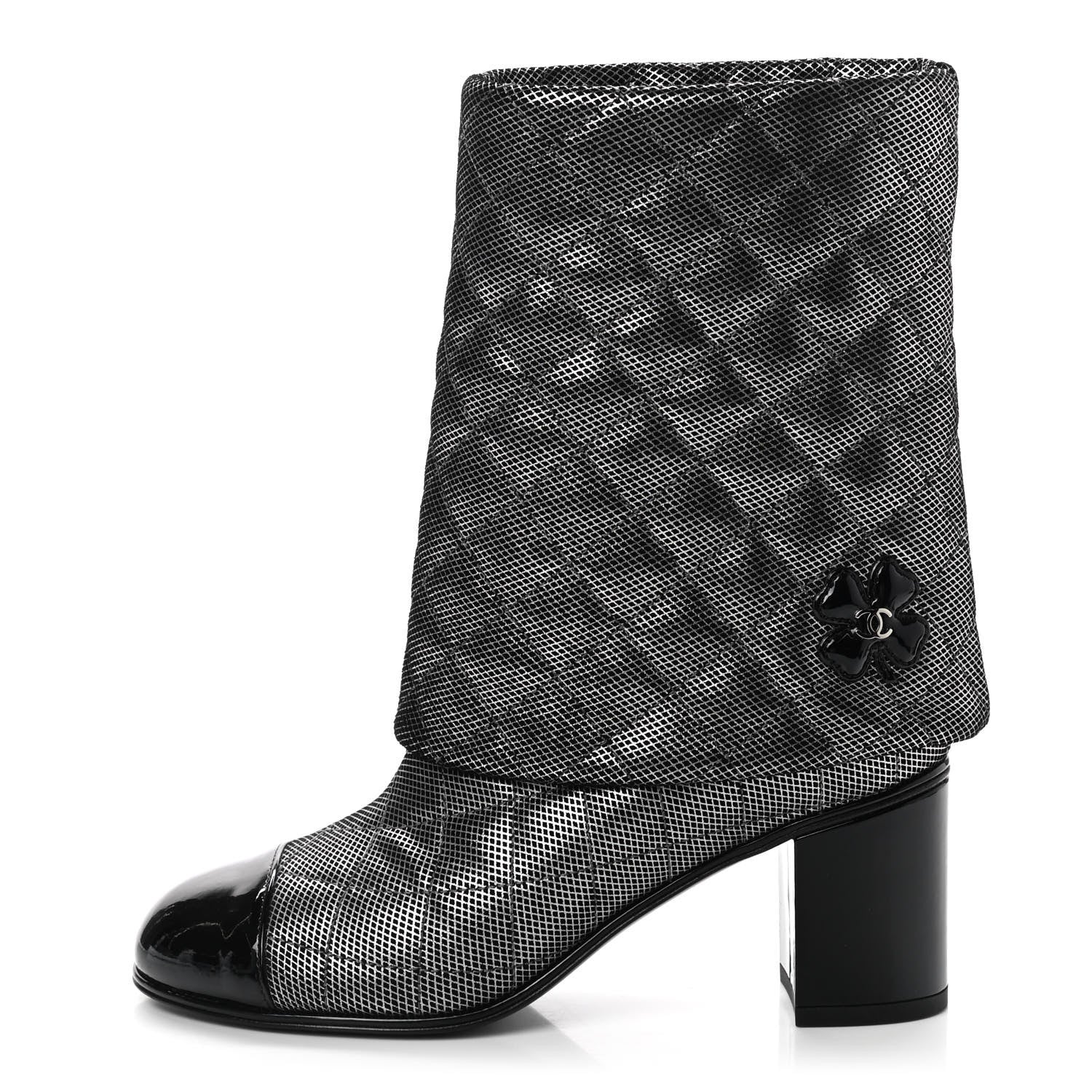Chanel Fantasy Calfskin Patent Foldover CC Cap Toe Clover Short Boots 36 Silver Black 1 of 8