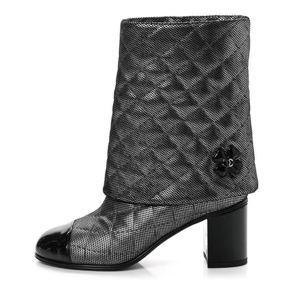 Chanel Fantasy Calfskin Patent Foldover CC Cap Toe Clover Short Boots 36 Silver Black 1 of 8