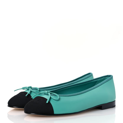 Chanel Calfskin Grosgrain Cap Toe CC Ballerina Flats 38 Turquoise Black 4 of 13