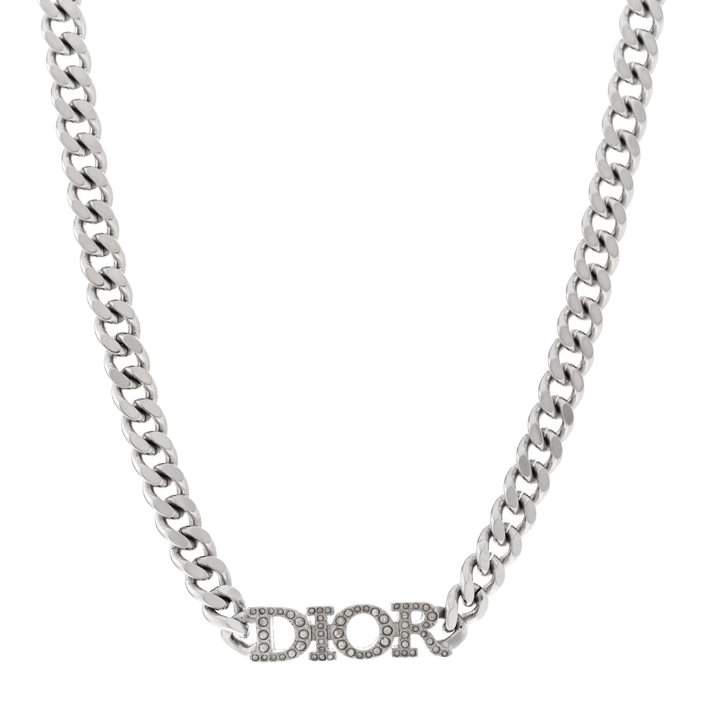 Metal Crystal Logo Chain Link Necklace Silver