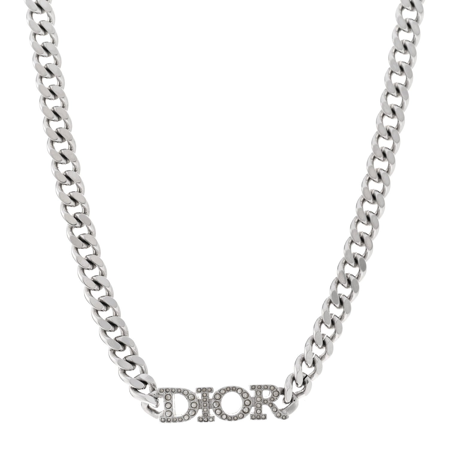 Christian Dior Metal Crystal Logo Chain Link Necklace Silver 1 of 5