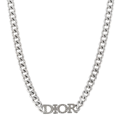 Christian Dior Metal Crystal Logo Chain Link Necklace Silver 1 of 5