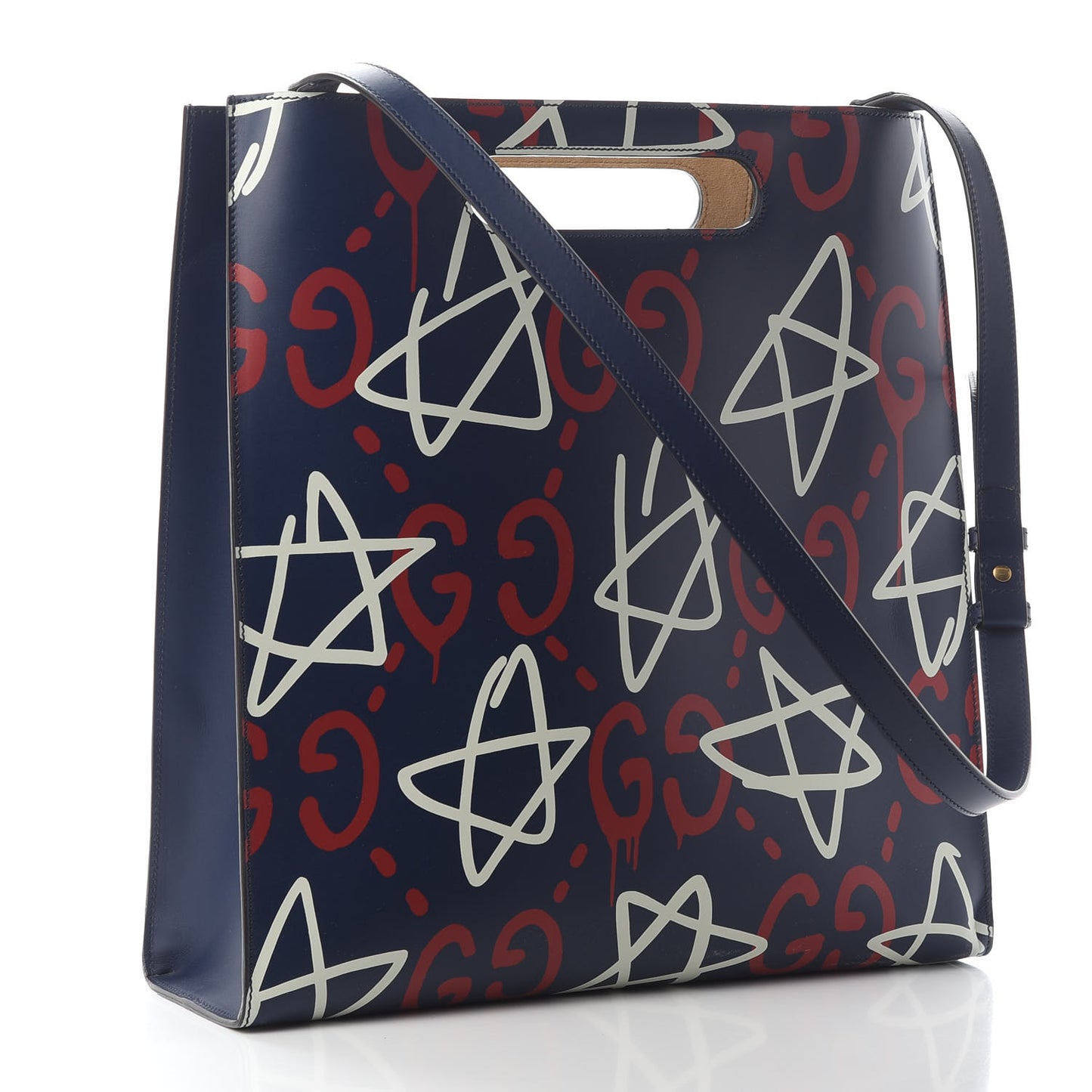Calfskin GucciGhost Medium XL Tote Blue Agata Hibiscus Red