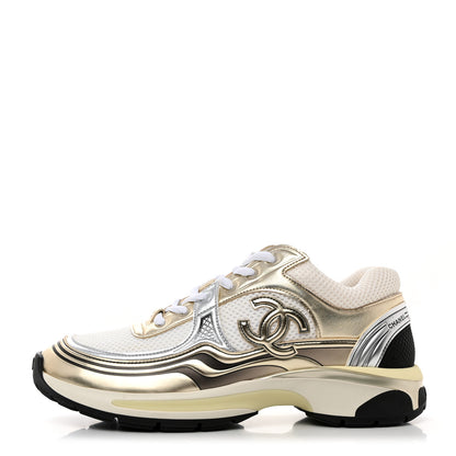 Chanel Fabric Laminated Calfskin Stretch CC Sneakers 40 White Gold Silver 1 of 8