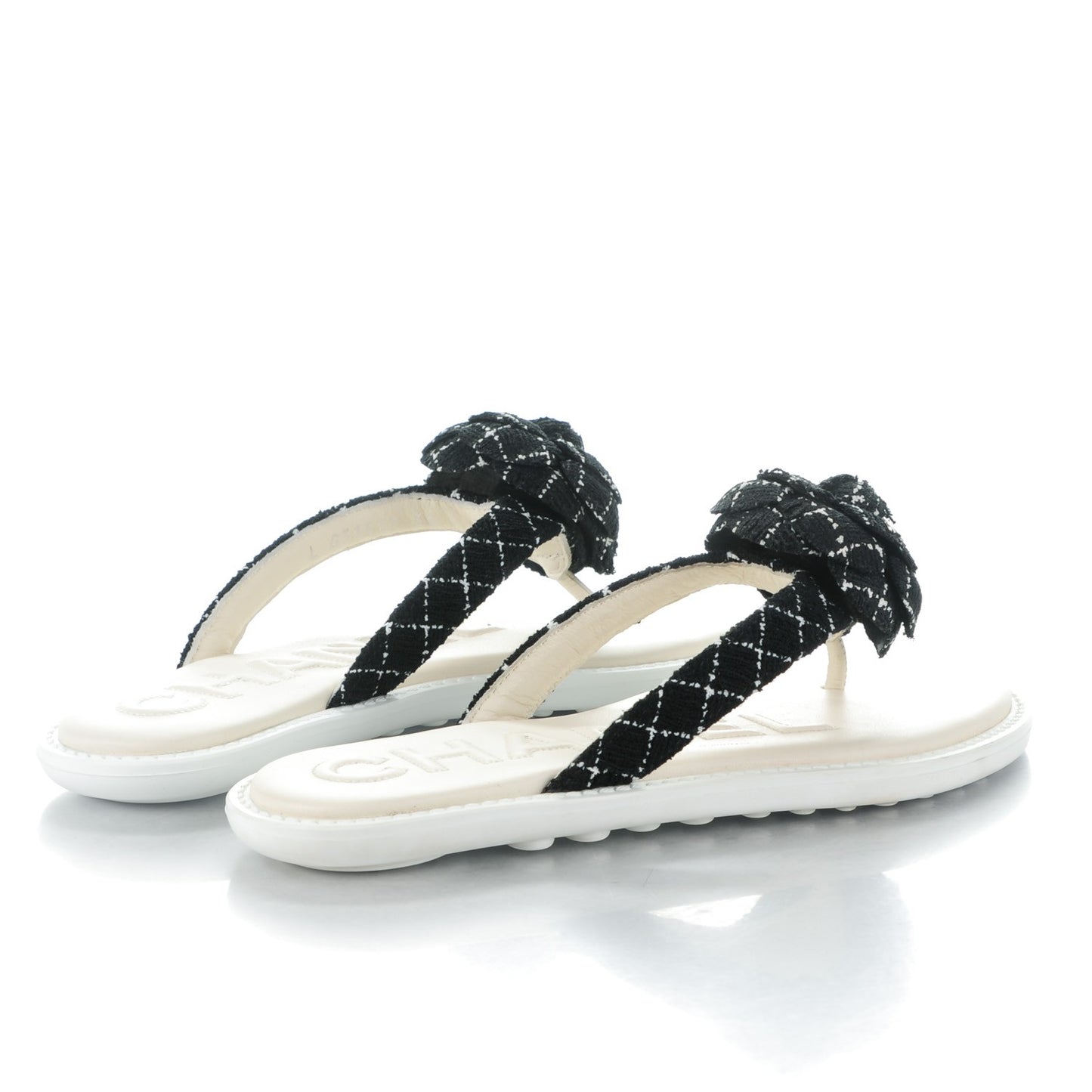 Tweed Quilted Camellia Thong Sandals 35 Black White