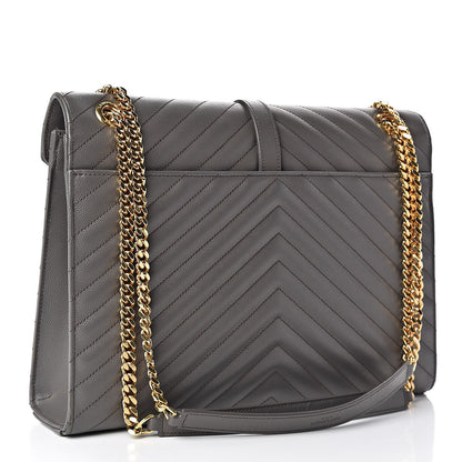 Saint Laurent Grain De Poudre Matelasse Chevron Large Monogram Satchel Earth 3 of 12