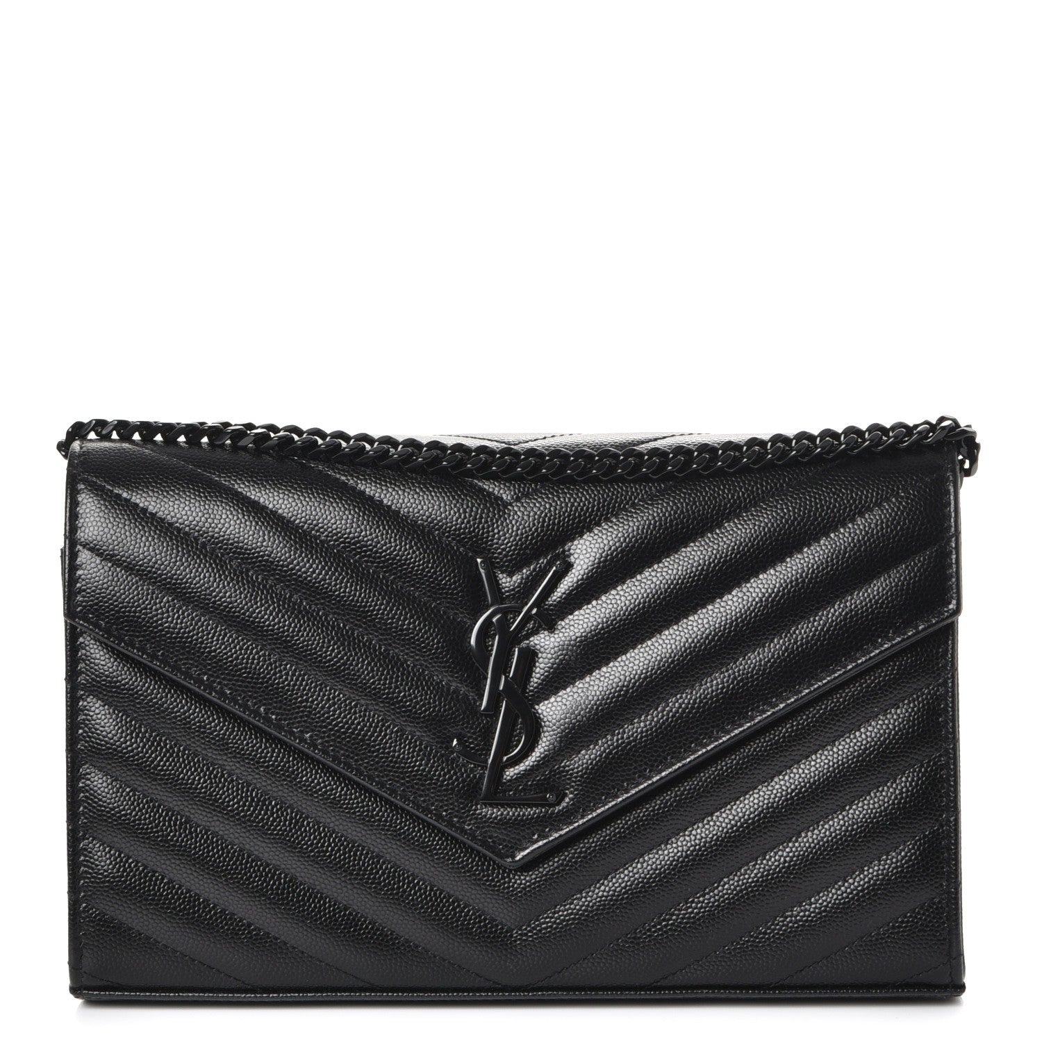 Saint Laurent Grain De Poudre Matelasse Chevron Monogram Chain Wallet Black 1 of 7