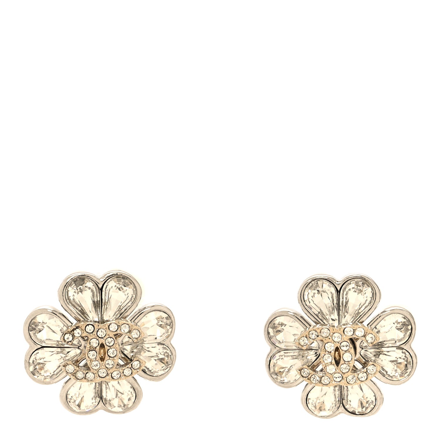 Chanel Metal Crystal CC Clover Heart Earrings Silver Gold 1 of 5