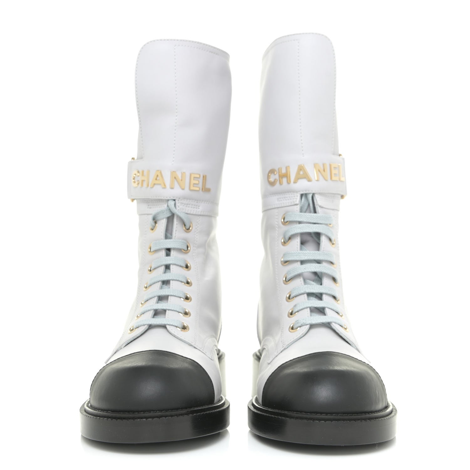 Chanel Calfskin Lace Up Logo Mid Calf Combat Boots 37 White Black 2 of 13