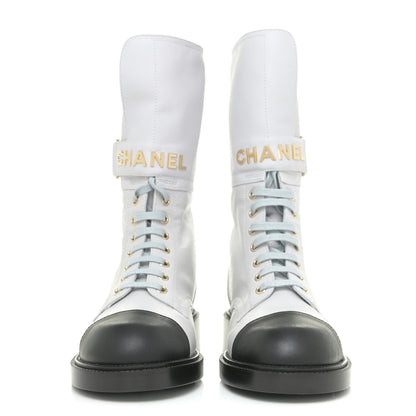 Chanel Calfskin Lace Up Logo Mid Calf Combat Boots 37 White Black 2 of 13
