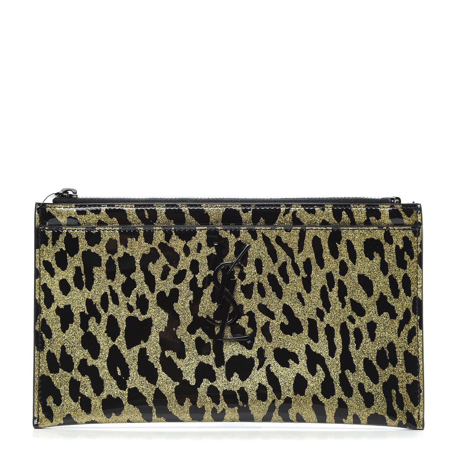 Patent Glitter Leopard Monogram Zip Pouch Gold Black