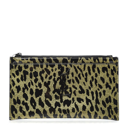Saint Laurent Patent Glitter Leopard Monogram Zip Pouch Gold Black 2 of 7