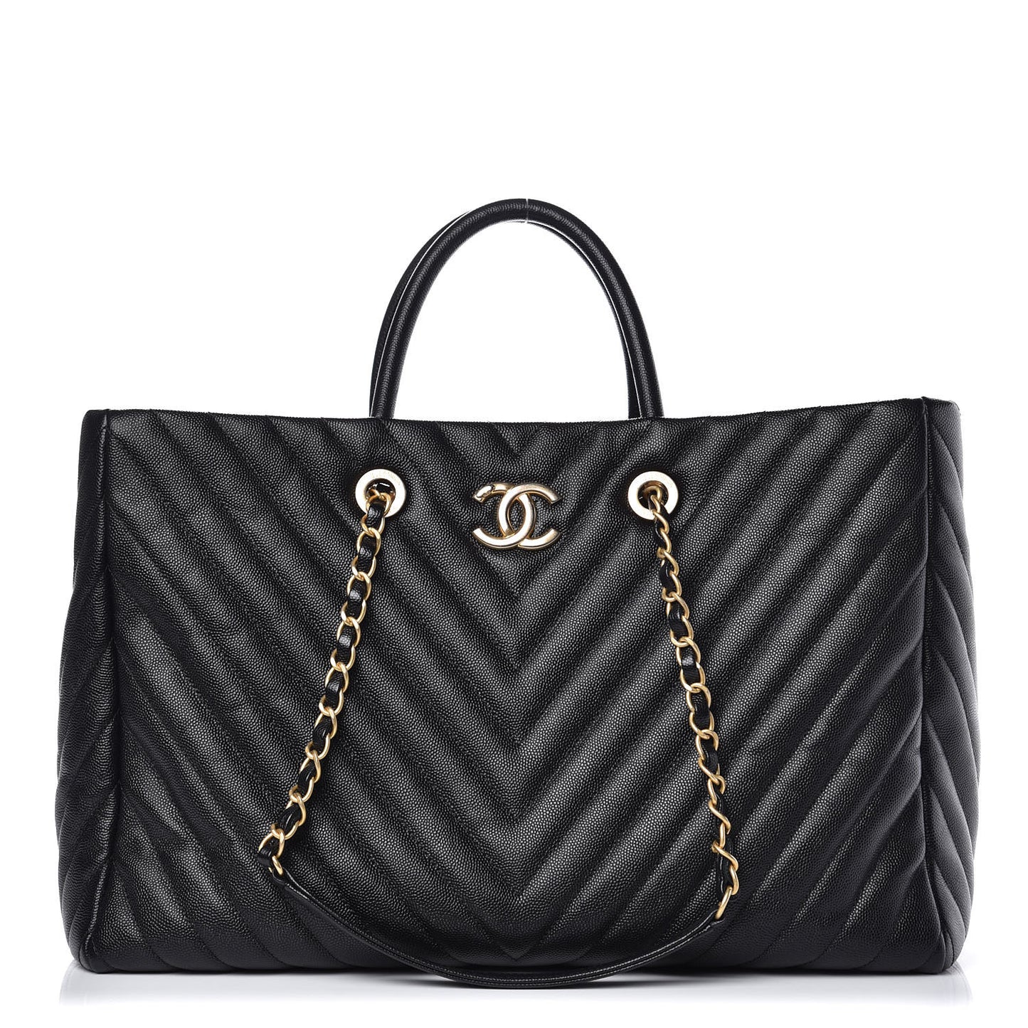 Caviar Chevron Quilted Coco Handle Shopping Tote Black