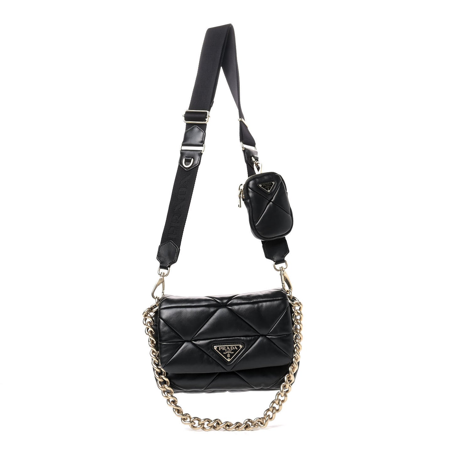 Nappa Re-Nylon Triangle Quilted Patchwork System Flap Shoulder Bag Black