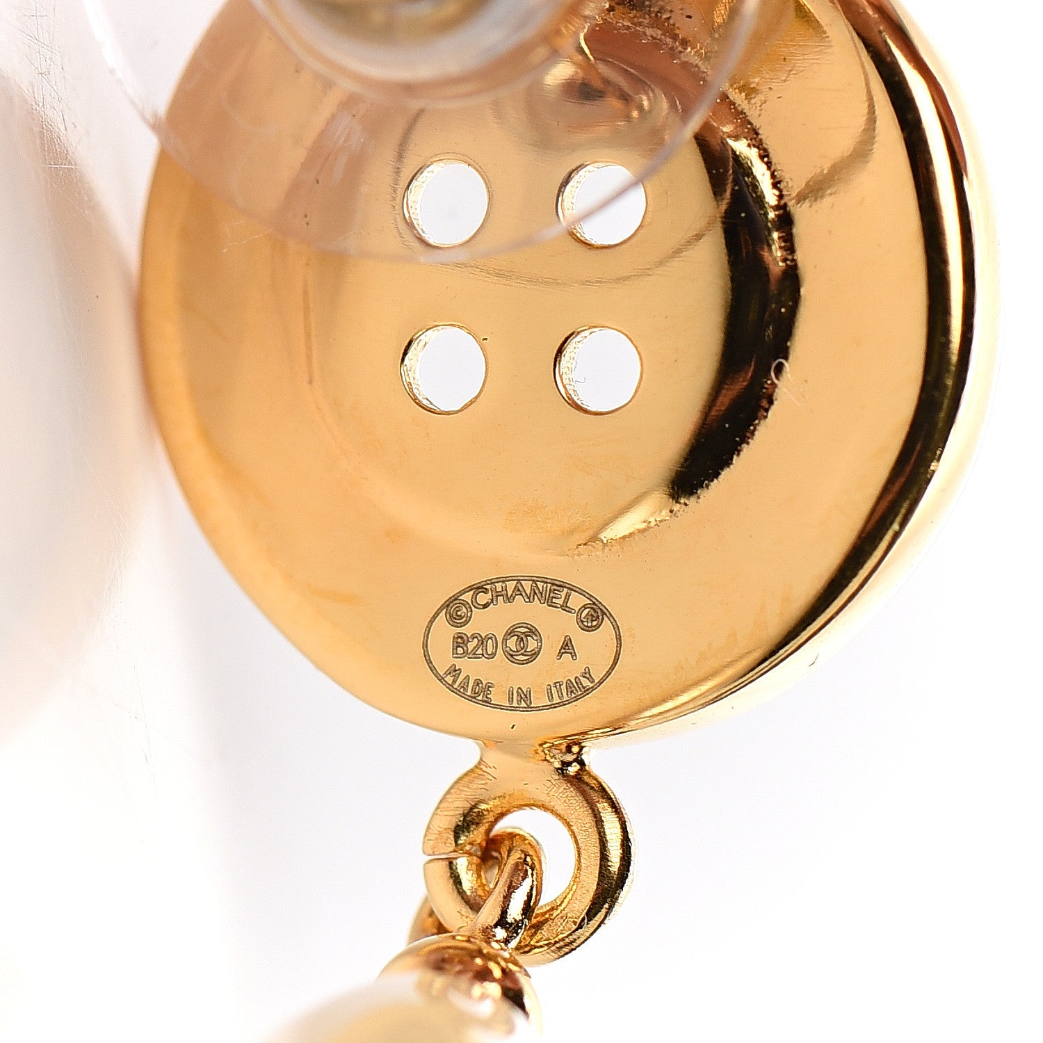 Chanel Metal Pearl Paris Button Drop Earrings Gold 4 of 5