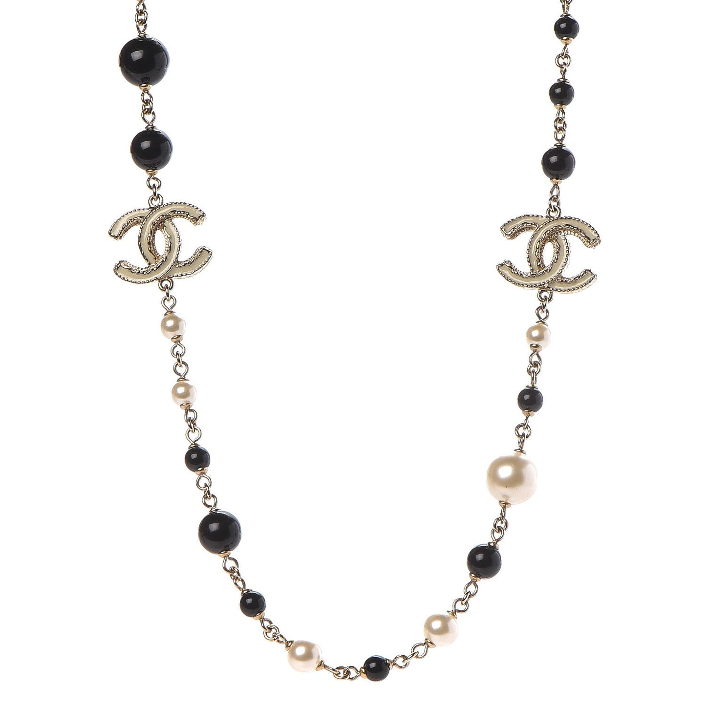 Pearl Bead Enamel CC Long Necklace Black Gold