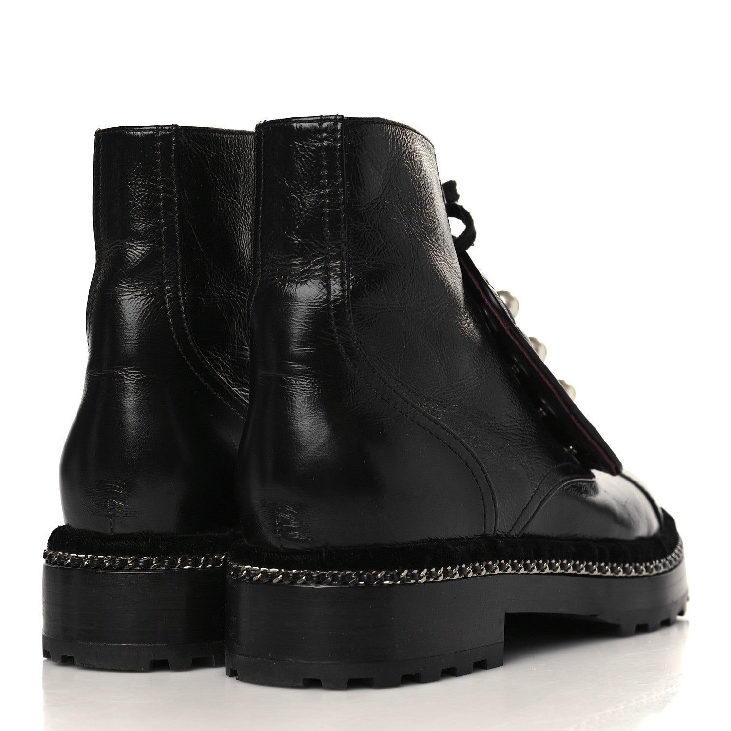 Chanel Crackled Calfskin Velvet Pearl Combat Short Boots 37 Black 4 of 9