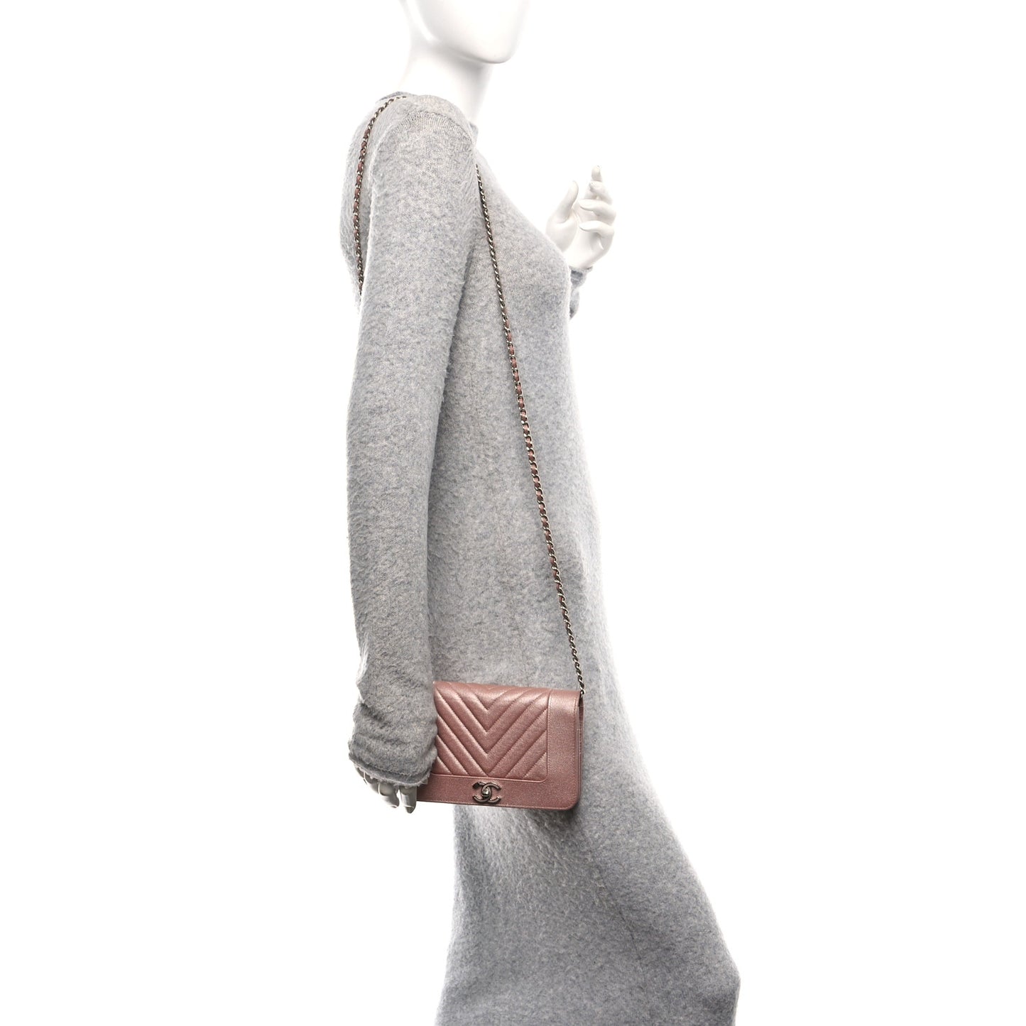 Metallic Caviar Chevron Quilted Vintage Mademoiselle Wallet On Chain WOC Pink