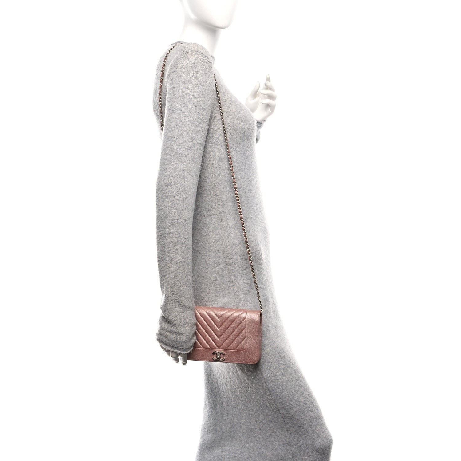 Chanel Metallic Caviar Chevron Quilted Vintage Mademoiselle Wallet On Chain WOC Pink 2 of 13