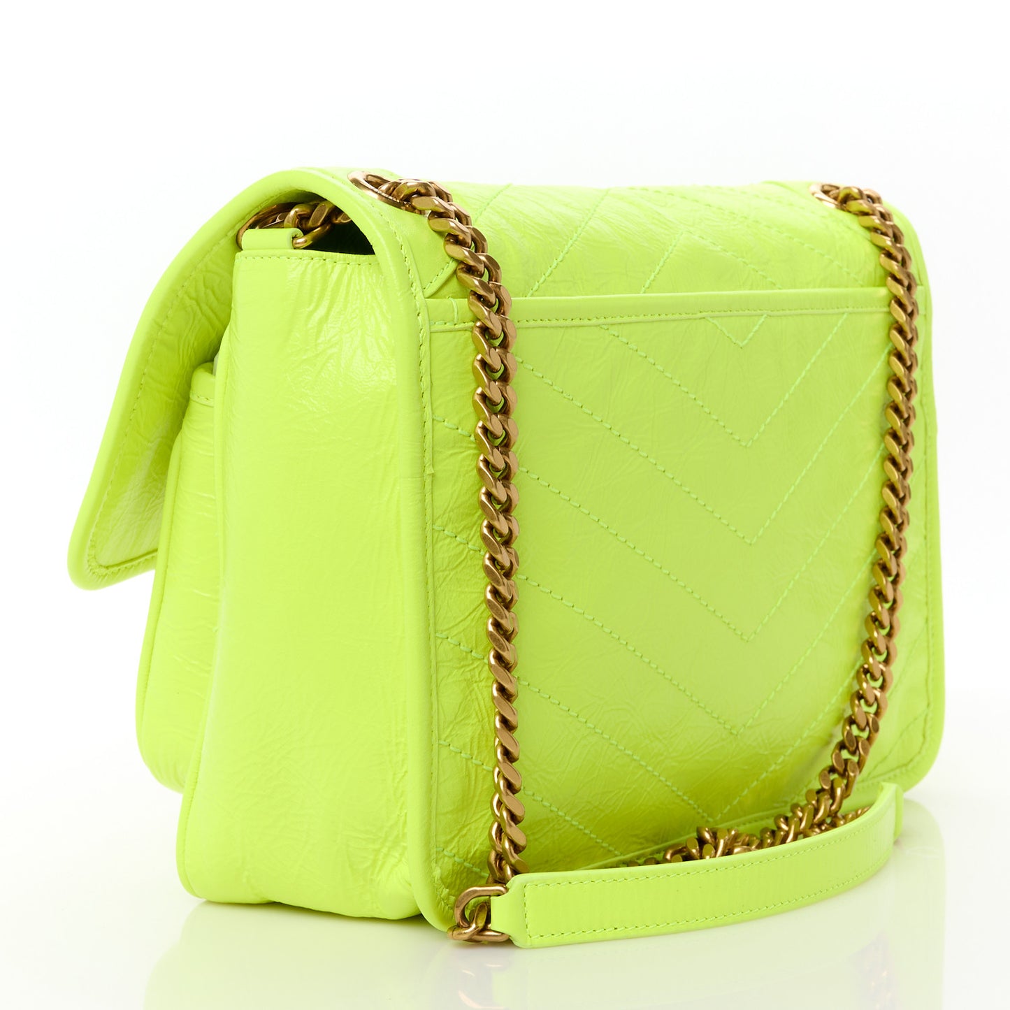 Crinkled Calfskin Matelasse Monogram Medium Niki Chain Satchel Neon Yellow