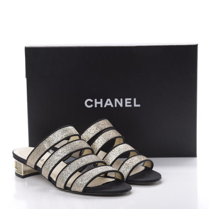 Chanel Sequin Grosgrain Logo Mules 37 Black Gold 10 of 10