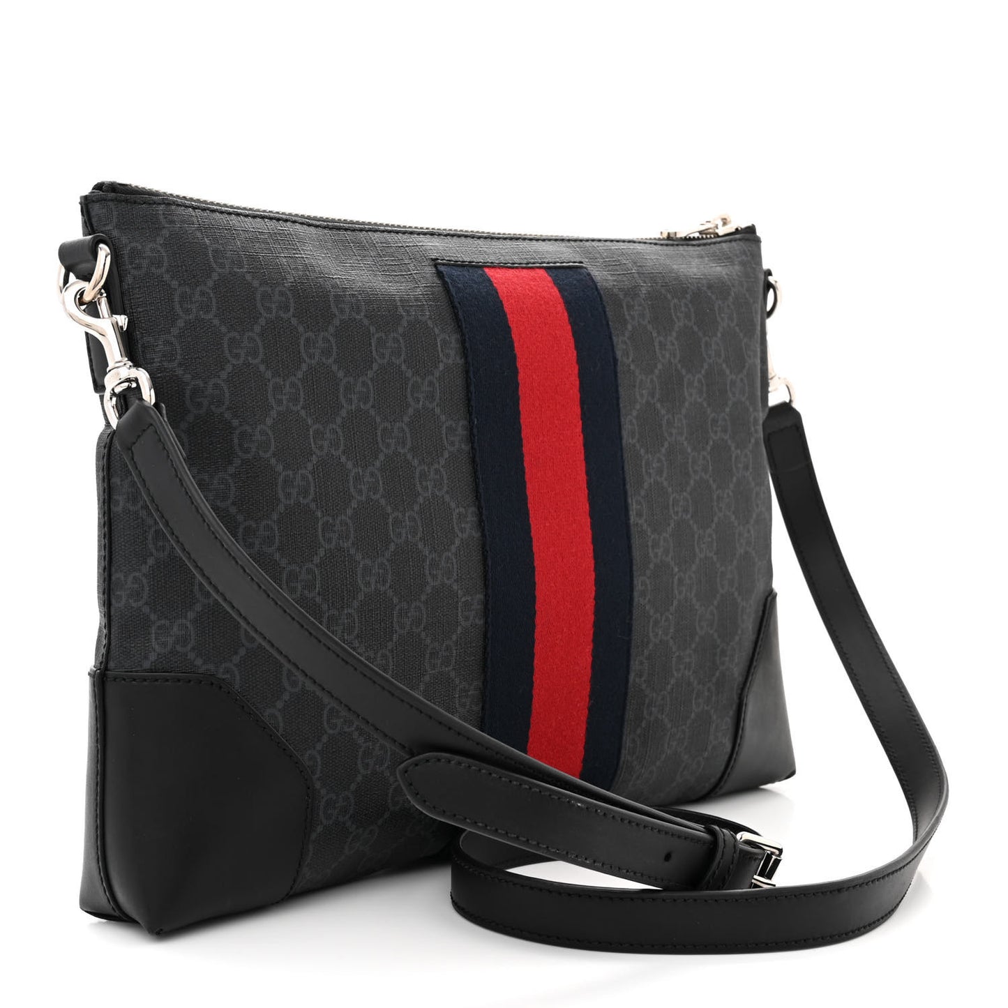 Soft GG Supreme Monogram Appia Calfskin Web East West Messenger Bag Black Grey