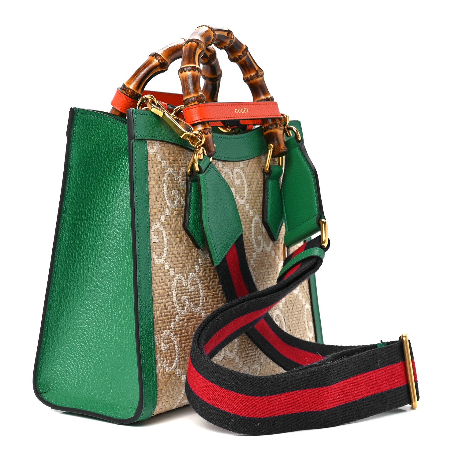 Gucci Raffia Textured Dollar Calfskin Web GG Monogram Small Diana Tote Bag Natural White New Shamarock Deep Orange 3 of 9